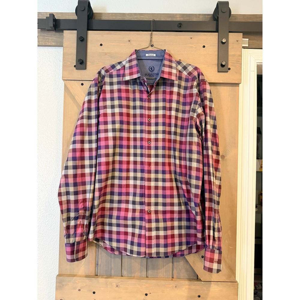 Bugatchi Uomo Mens Large Plaid Long Sleeve Button Shirt Pink Purple READ
